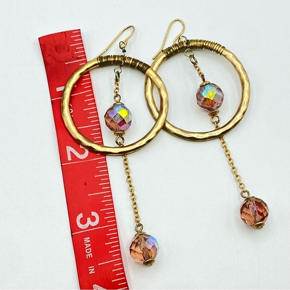 Hammered Gold Tone Hoop Earrings AB Pink Crystal Drop Bohemian Chic Boho Dangle - Picture 6 of 7